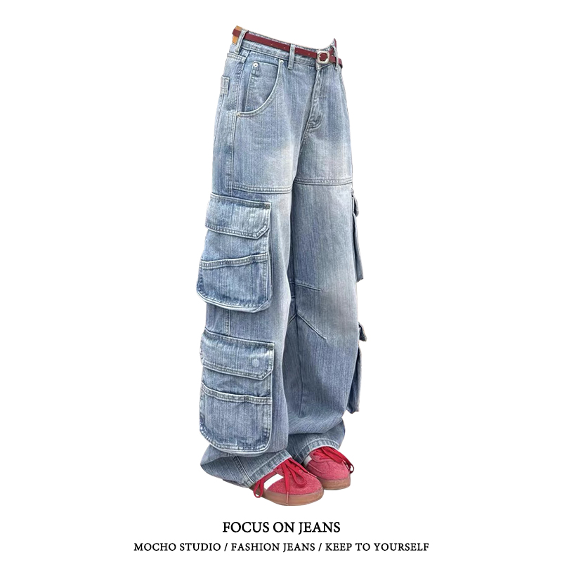 美式复古多口袋工装牛仔裤女夏季高街设计感直筒宽松显瘦阔腿裤子