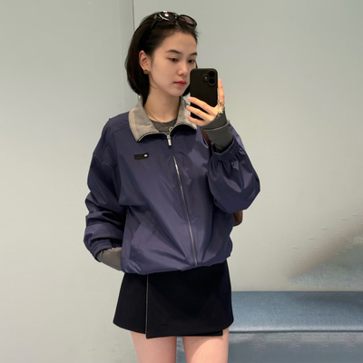 M字母徽标蓝色翻领拉链夹克外套