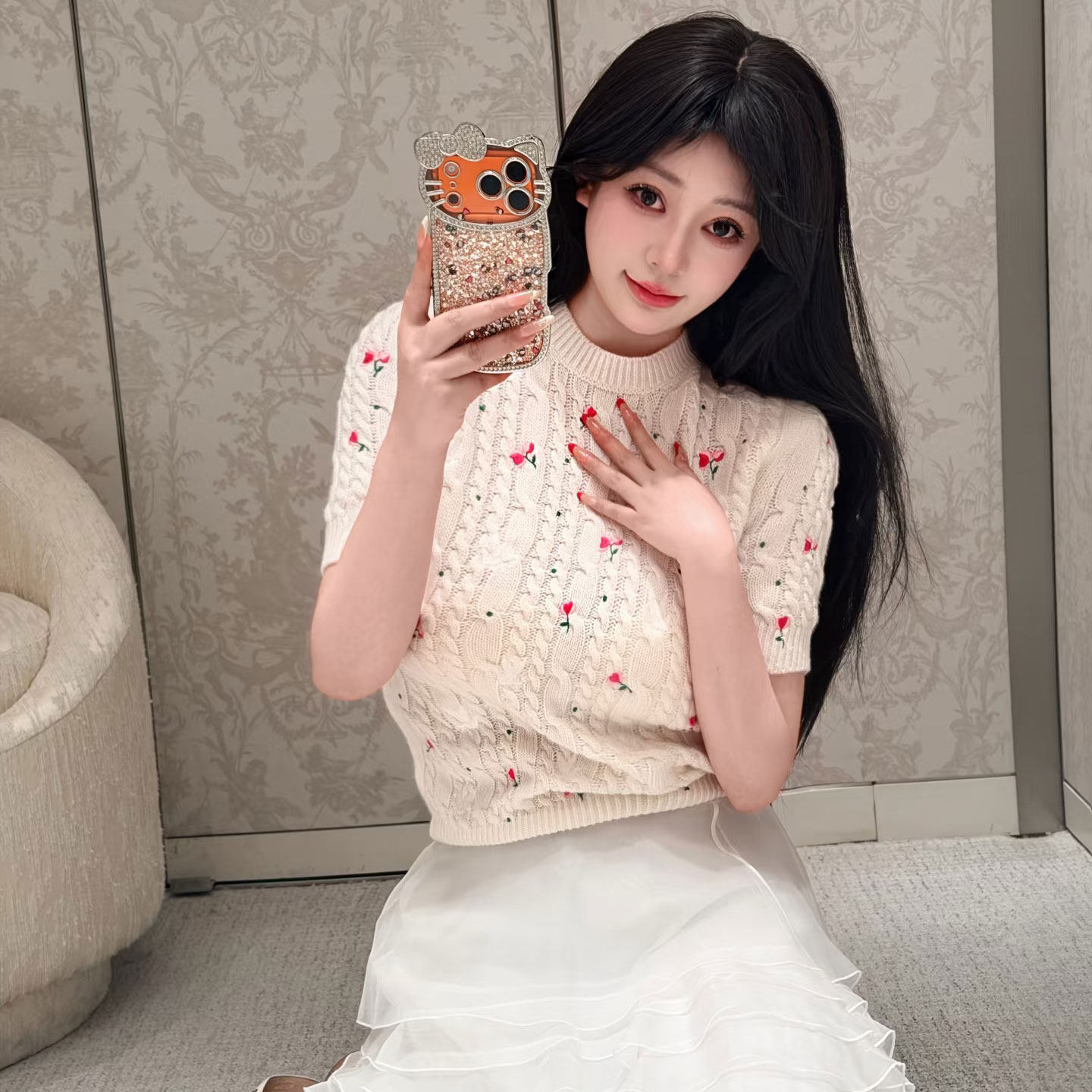 南油高端女装 明星同款重工玫瑰花朵刺绣麻花圆领短袖针织衫毛衣