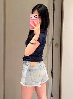 深圳南油高端女装 蓝色做旧流苏边LOGO刺绣高腰牛仔短裤女热裤子