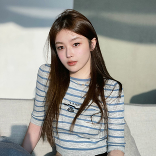 深圳南油高端女装 蓝灰条纹LOGO字母提花 五分袖针织衫薄款上衣女