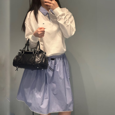 M字母刺绣珠地棉翻领长袖T恤