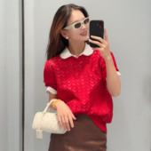 针织衫 深圳南油高端女装 M字母刺绣红色几何镂空polo翻领短袖 上衣