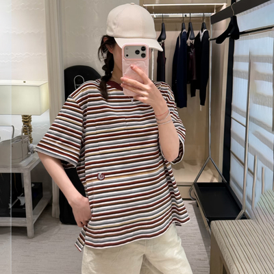 宽松撞色条纹海马刺绣短袖T恤女