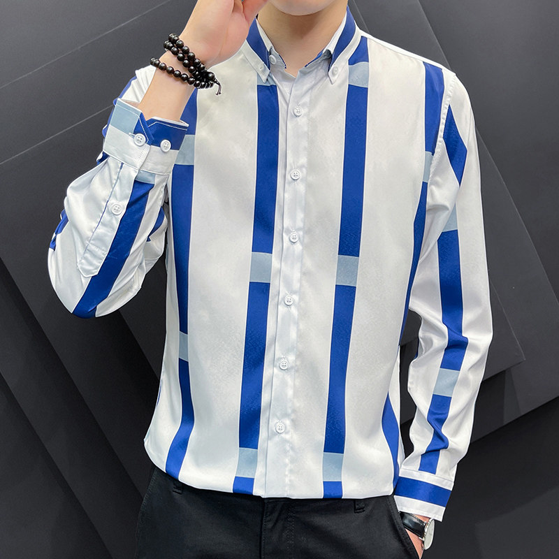 男士条纹衬衫长袖韩版弹力修身青年帅气男衬衣1301-CS165-P28，男装衬衫，星座1301