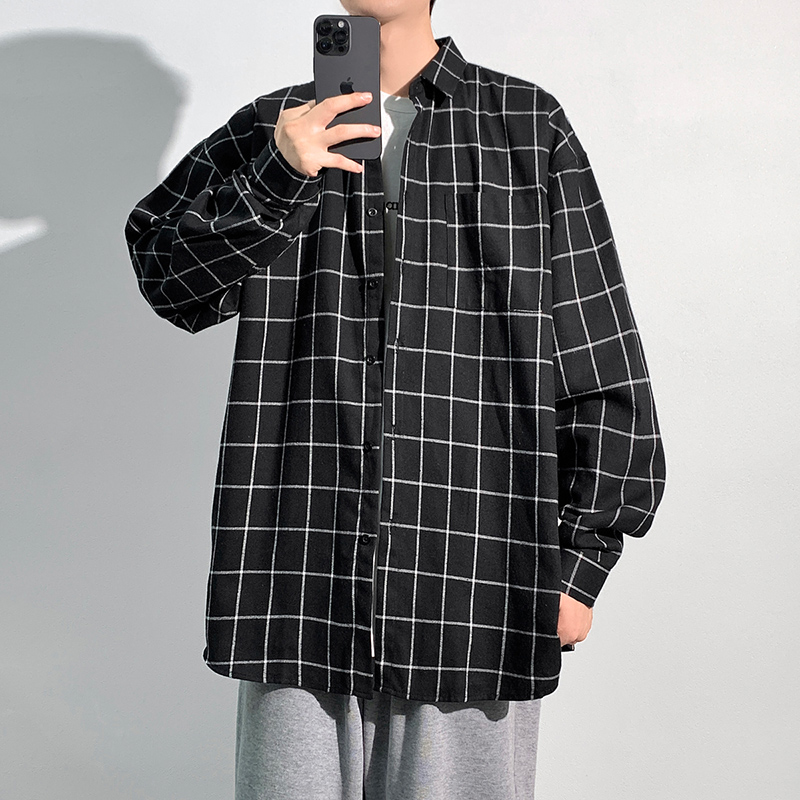 男士港风格子衬衫长袖潮流帅气青年学生衬衣男寸衫1301-CS185-P26，男装衬衫，星座1301