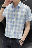 2024新款纯棉格子衬衫男短袖夏季薄款帅气衬衣潮XZ1301-CS87-P35，男装衬衫，星座1301