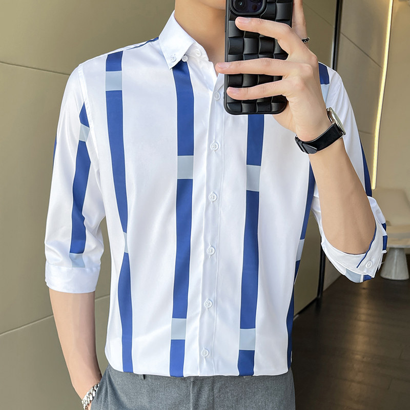 男士条纹衬衫七分袖夏季韩版修身帅气中袖衬衣1301-ZX175-P28图片
