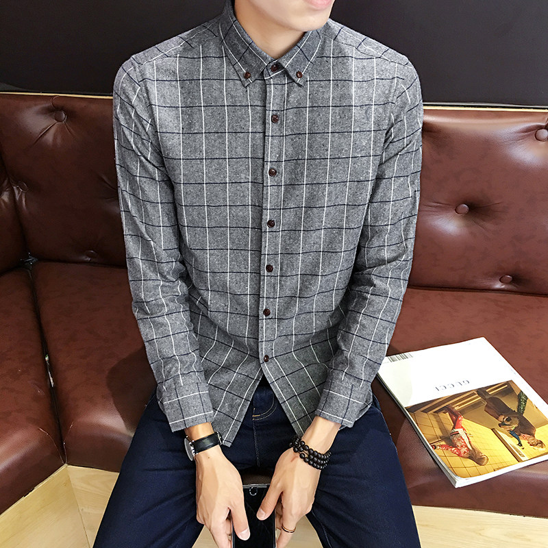 Plaid Shirt Men's long sleeve Korean version of slim fit and versatile youth handsome matte shirt trend