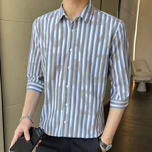 新款男士印花衬衫七分袖夏季韩版潮流帅气中袖衬衣1301-CS176-P28