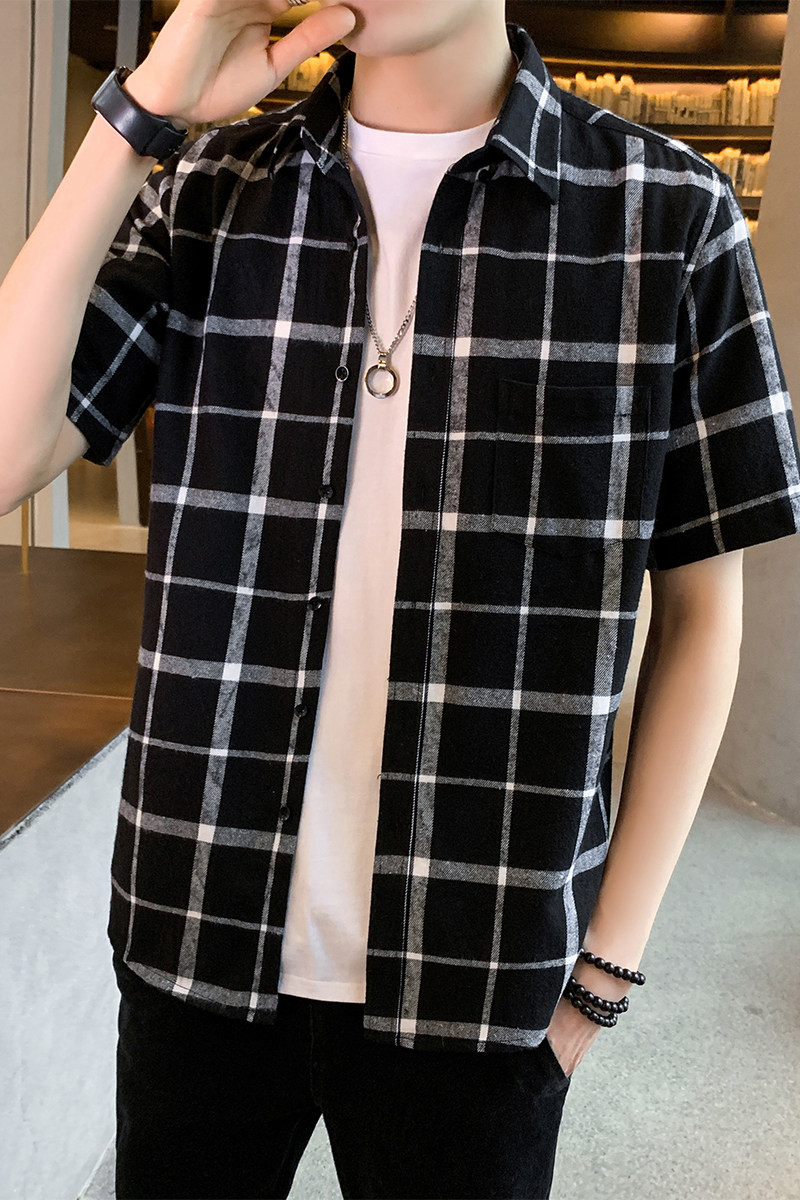 夏季新款格子衬衫男士短袖韩版修身帅气百搭衬衣潮1301-CS109-P25,男装衬衫,星座1301