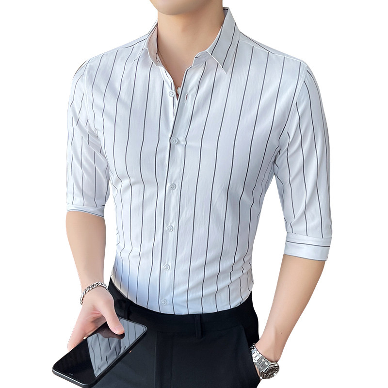 条纹衬衫男七分袖韩版修身衬衣青年中袖寸衫潮1301-CS130-P28,男装衬衫,星座1301