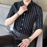 条纹衬衫男七分袖韩版修身衬衣青年中袖寸衫潮1301-CS130-P28，男装衬衫，星座1301