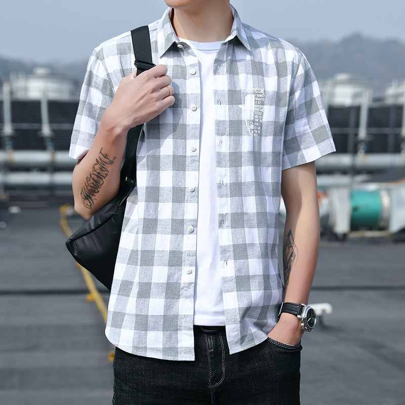 夏季纯棉格子衬衫男短袖韩版修身衬衣青少年半袖XZ1301-CS87-P35,男装衬衫,星座1301