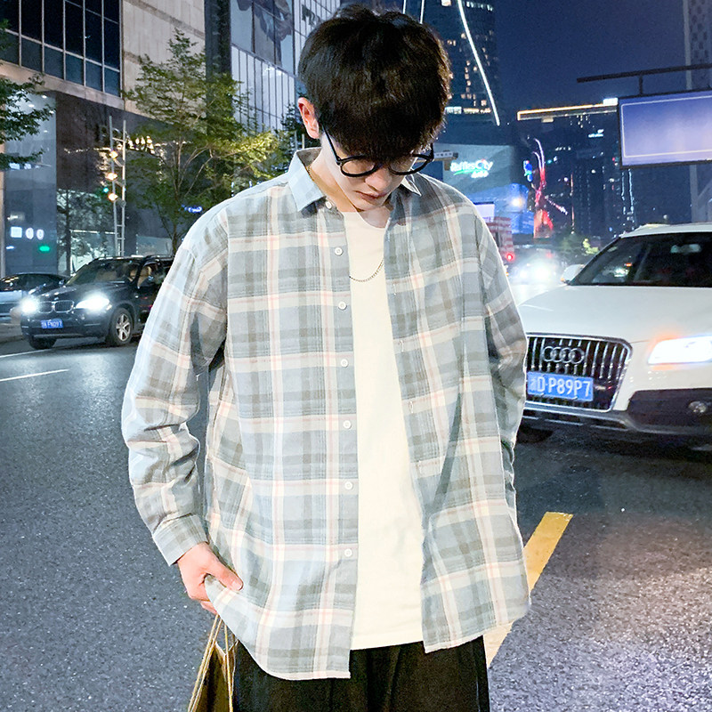 可代发港风格子衬衫男长袖韩版帅气衬衣青少年寸衫1301-CS121-P26,男装衬衫,星座1301