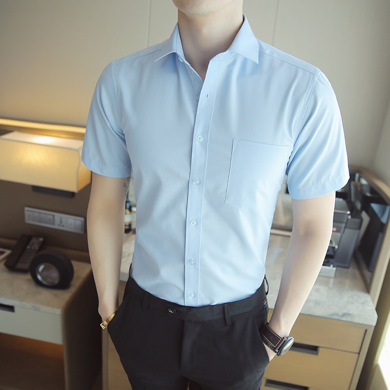 夏季男士纯色商务衬衫短袖工作服职业工装衬衣男免烫1301-D80-P28图片