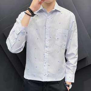 男士条纹衬衫长袖韩版潮流修身青年帅气印花男衬衣1301-CS167-P25,男装衬衫,星座1301,林州市龙山区嘉豪童装店