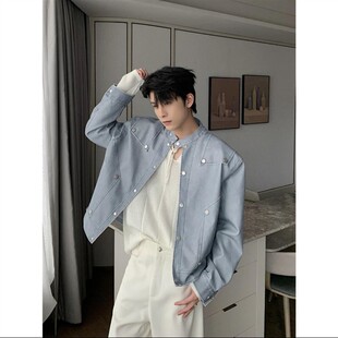 铆钉设计感PU皮衣蓝色外套男士早春韩系穿搭短款高级感机车服夹克