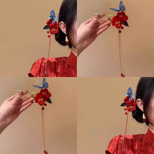 古风刺绣蝴蝶长流苏发簪女旗袍汉服后脑勺盘发新娘结婚敬酒服头饰