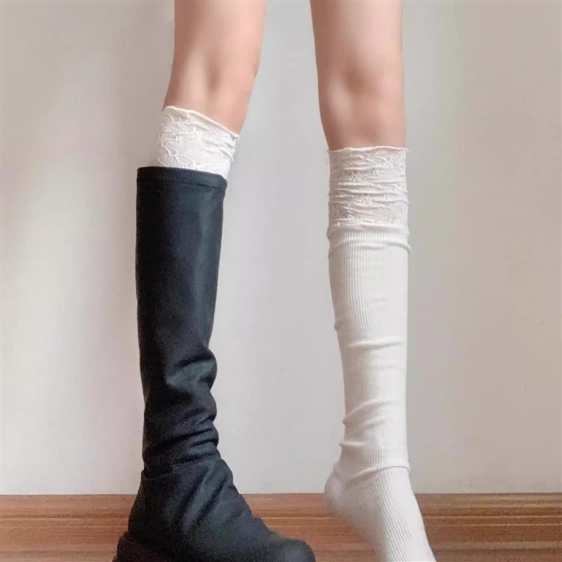 花边过膝袜子配长筒靴日系白色高筒堆堆袜女秋冬保暖纯棉jk小腿袜