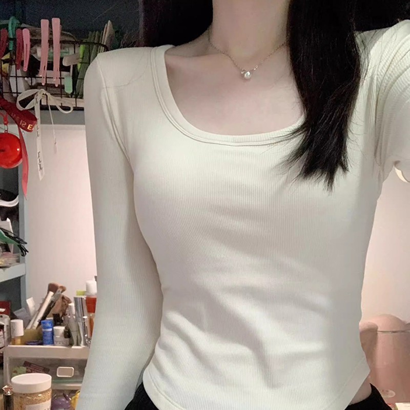 白色u领打底衫长袖t恤女春秋季内搭修身大码胖mm显瘦正肩短款上衣