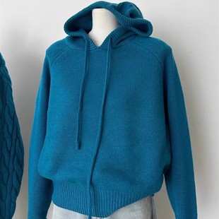 孔雀蓝连帽卫衣针织衫女秋冬设计感内搭上衣宽松外穿打底毛衣外套