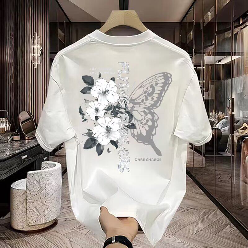 美式复古纯棉短袖t恤男士夏季潮牌蝴蝶花卉印花半袖潮流ins打底衫