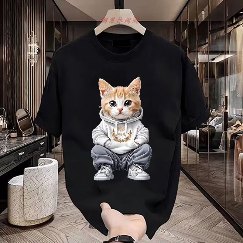 美式痞帅卡通猫咪印花短袖t恤男夏季潮流ins重磅纯棉百搭半袖上衣
