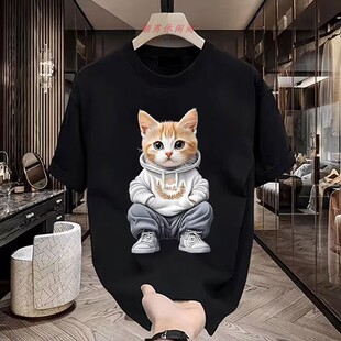 美式痞帅卡通猫咪印花短袖t恤男夏季潮流ins重磅纯棉百搭半袖上衣