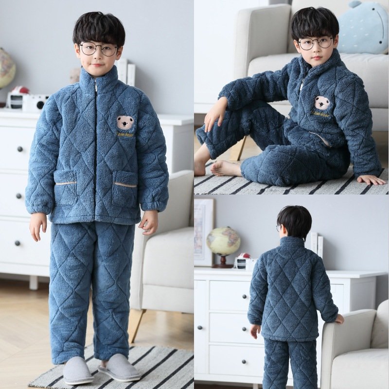 噜噜牛儿童睡衣男童冬季加绒加厚款三层夹棉中大童男孩家居服冬款
