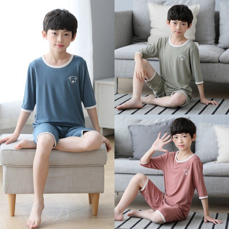 莫代尔儿童睡衣男童夏季薄款短袖家居服连体衣