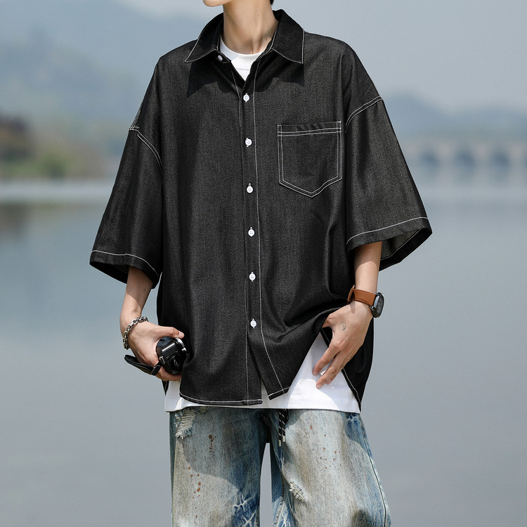 冰丝牛仔男短袖衬衫夏季宽松薄款图片