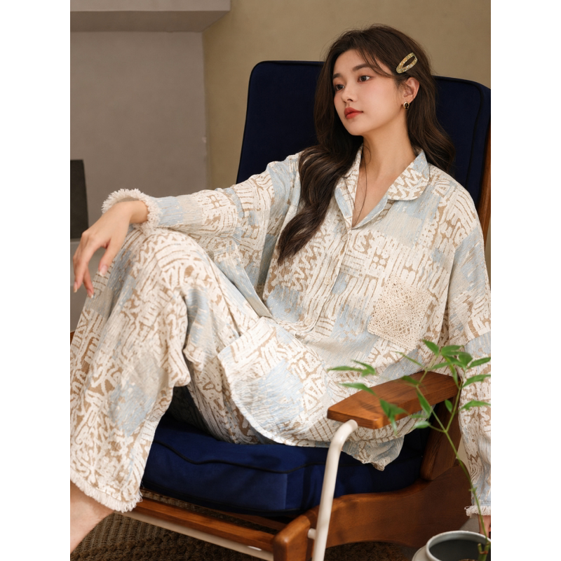 慵懒风衬衫领女士长袖睡衣带胸垫秋季可外穿家居服套装防凸点长裤图片