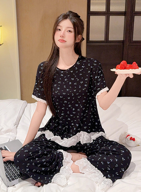 小碎花蕾丝花边睡衣女夏季甜美短袖上衣长裤可外穿家居服温柔套装
