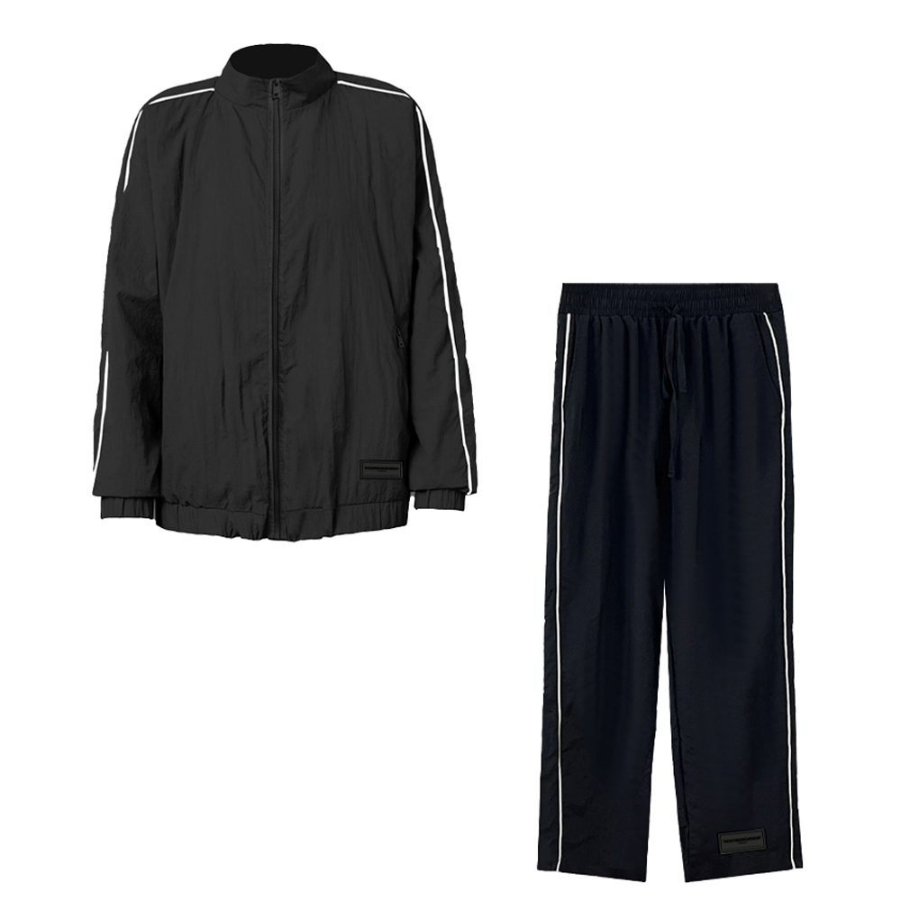 TGM洋气新款时尚小立领白边夹克 +夹条裤套装情侣中性工装夹克