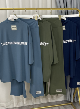 TGM 夏季超宽松显瘦高领七分袖T恤+高腰收腹提臀瑜伽喇叭裤女装