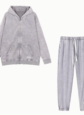 TGM 370克复古做旧拉链连帽衫+卫裤两件套 简约时尚休闲情侣装