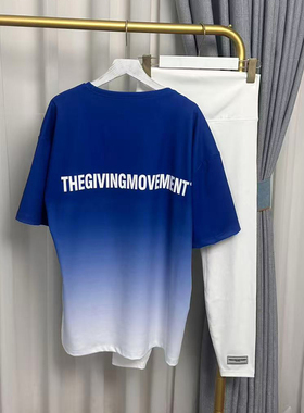 TGM 夏季新款渐变色宽松休闲运动印花短袖T恤+打底裤女士休闲套装