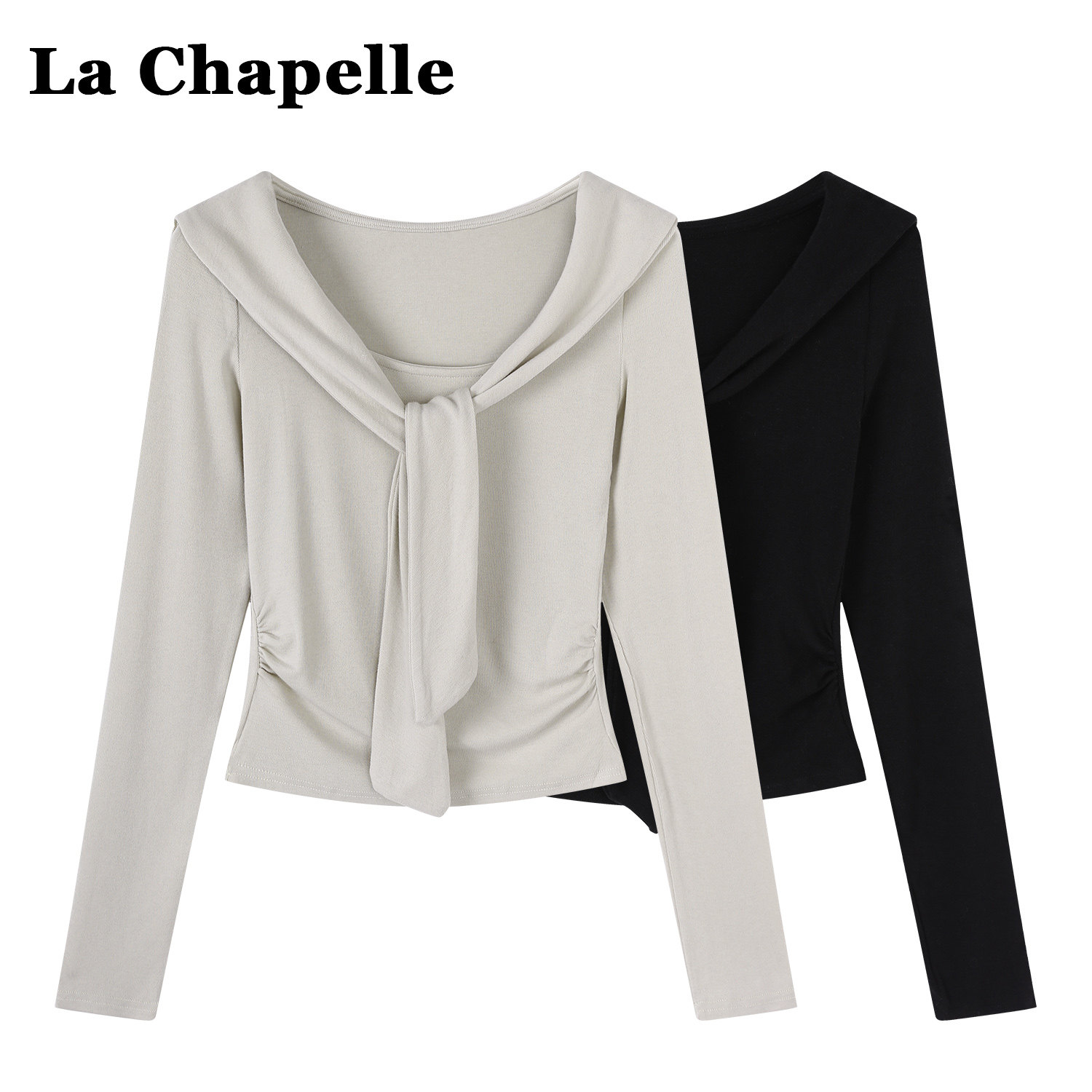 海军领系带绑带收褶长袖T恤女2026新款秋冬新款收腰显瘦打底上衣