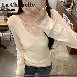 新款 女秋冬季 洋气漂亮内搭上衣 针织打底衫 拉夏贝尔v领蕾丝边长袖
