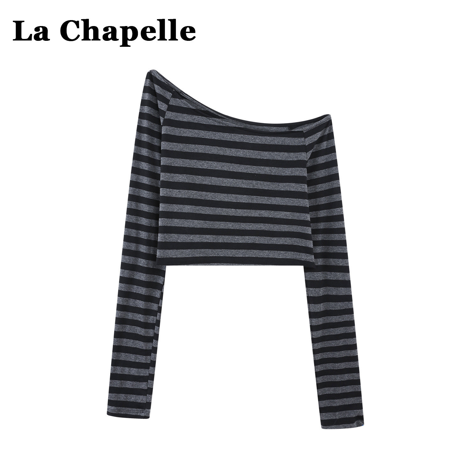 拉夏贝尔小众设计感棉条纹斜肩短款露脐上衣女秋季撞色长袖T恤衫