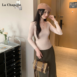 拉夏贝尔独特好看系带方领毛衣长袖内搭打底针织衫女2026新款上衣