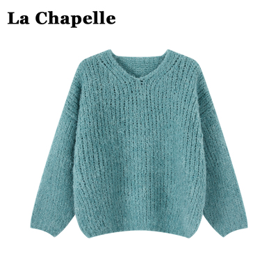 拉夏贝尔慵懒风宽松长袖V领毛衣