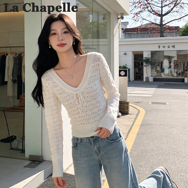 拉夏贝尔法式独特漂亮V领系带镂空长袖针织衫女2026春款显瘦上衣,女装/女士精品,毛针织衫,淘宝优惠券,粉丝福利购,淘宝优惠卷