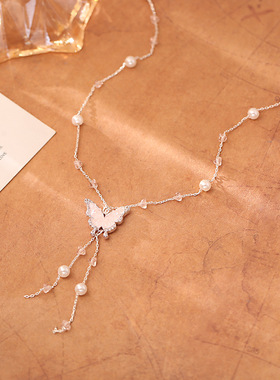 春夏新品超仙冰粉蝴蝶水晶项链轻奢高级感精致时尚气质流苏锁骨链