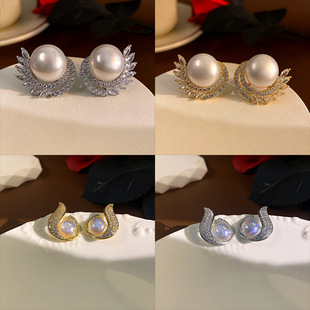 S925银针珍珠微镶锆石耳环小众百搭设计感氧化锆zirconia耳钉批发