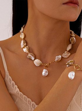 海洋度假风贝壳仿珍珠不规则几何项链欧美个性气质高级感项饰女