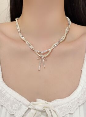 双层叠戴碎银子珍珠蝴蝶结项链女时尚高级感毛衣链爆款叠戴锁骨链