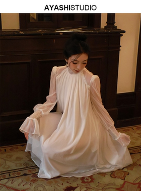 AYASHI【皎月】日本进口奢牌微光極细雪纺珍珠高领宫廷复古连衣裙