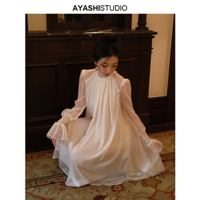 日本进口雪纺珍珠高领复古连衣裙